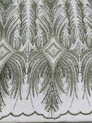 Beaded Line Fabric - Olive Green - Luxury Bridal Line Pattern Fabric With Beads, Sequins Sold By Yard