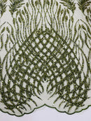 Beaded Embroidered Fabric - Olive Green - Embroidered Heart and Feather Pattern Fabric Sold By Yard