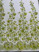 3D Glitter Floral Fabric - Olive Green - Glitter Sequin Flower Design on Lace Mesh Fabric by Yard
