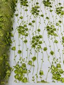 3D Floral Glitter Fabric - Olive Green - 3D Sequins and Glitter Floral Design on Mesh Sold By Yard
