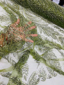 Beaded Line Fabric - Olive Green - Luxury Bridal Line Pattern Fabric With Beads, Sequins Sold By Yard