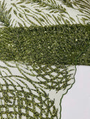 Beaded Embroidered Fabric - Olive Green - Embroidered Heart and Feather Pattern Fabric Sold By Yard