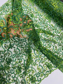 Embroidery Beaded Fabric - Olive Green - Beaded Floral Bridal Embroidery Fabric Sold by the yard