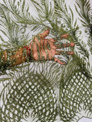 Beaded Embroidered Fabric - Olive Green - Embroidered Heart and Feather Pattern Fabric Sold By Yard