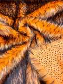 Husky Long Pile Fur Fabric - Orange / Black - Faux Husky Fur Fabric 2 Tone Shaggy Fur By Yard