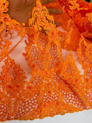 Beaded Floral Fabric - Orange - Luxury Bridal Floral Pattern Fabric With Beads, Sequins Sold By Yard