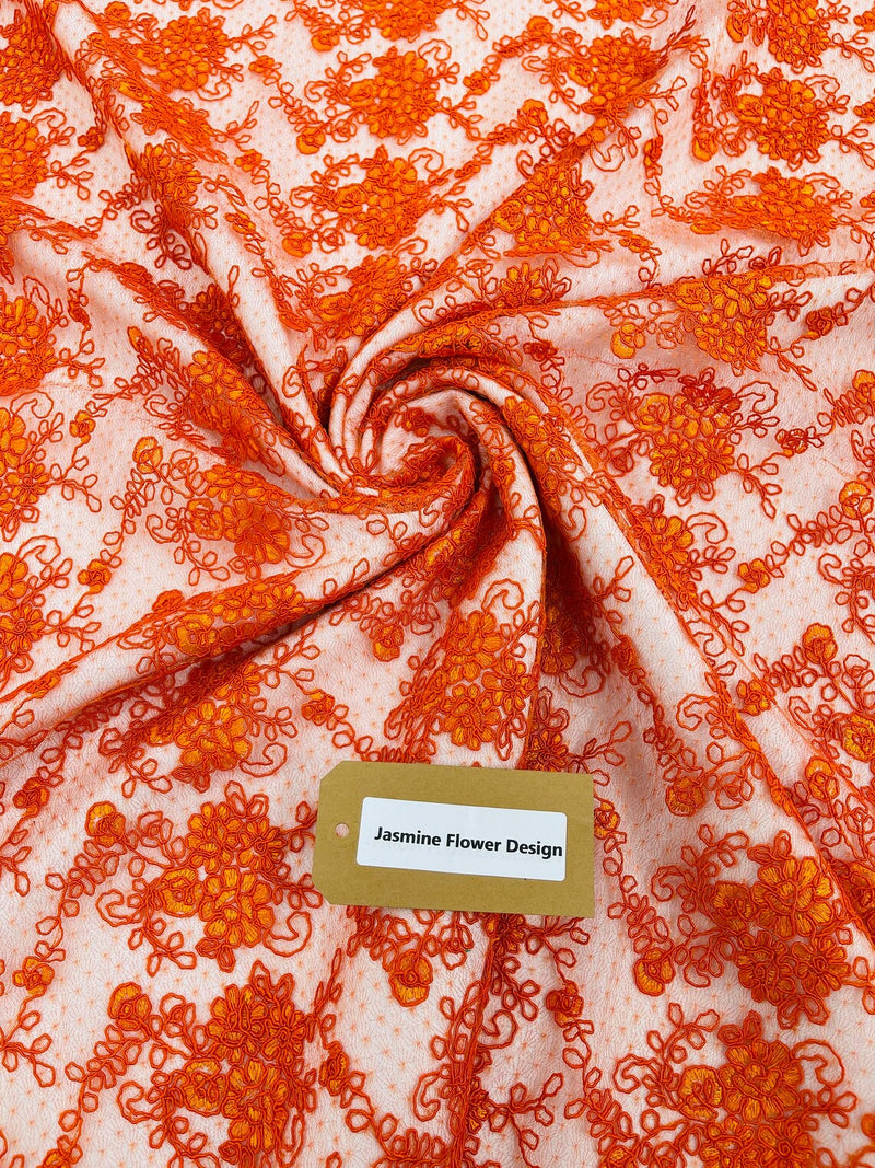 Jasmine Flower Fabric - Orange - Embroidered Floral Design Lace Mesh Bridal Fabric By Yard