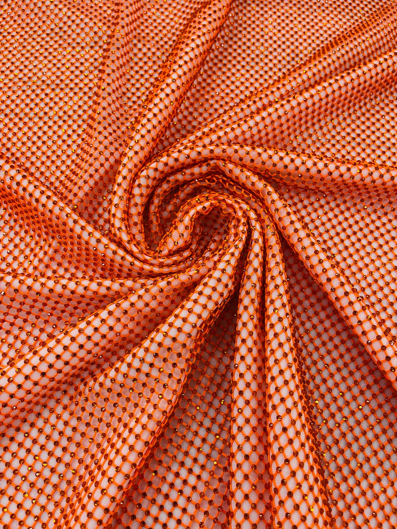 Fishnet Solid Rhinestones Fabric - Orange - Spandex Fabric Fish Net with Crystal Stones by Yard