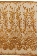 Beaded Embroidered Fabric - Orange - Embroidered Heart and Feather Pattern Fabric Sold By Yard