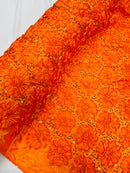 Sequins Satin Rosette Fabric - Orange - 3D Satin Rose Sequins Floral Fabric Sold By The Yard