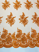 Flower Lace Sequins Fabric - Orange - Embroidered Floral Pattern Fabric with Sequins on Lace By Yard