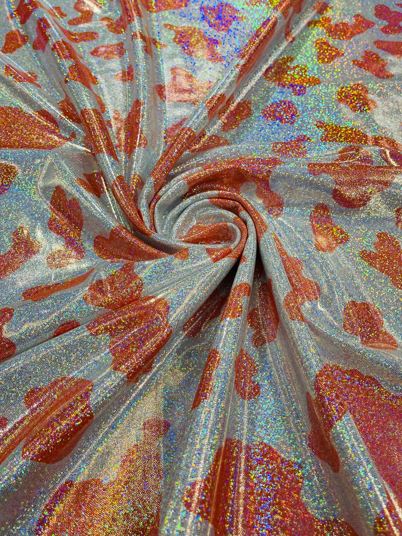 Spandex Cow Print Design - Orange - Holographic Print Poly Spandex Fabric 4 Way Stretch - 60” Sold By Yard