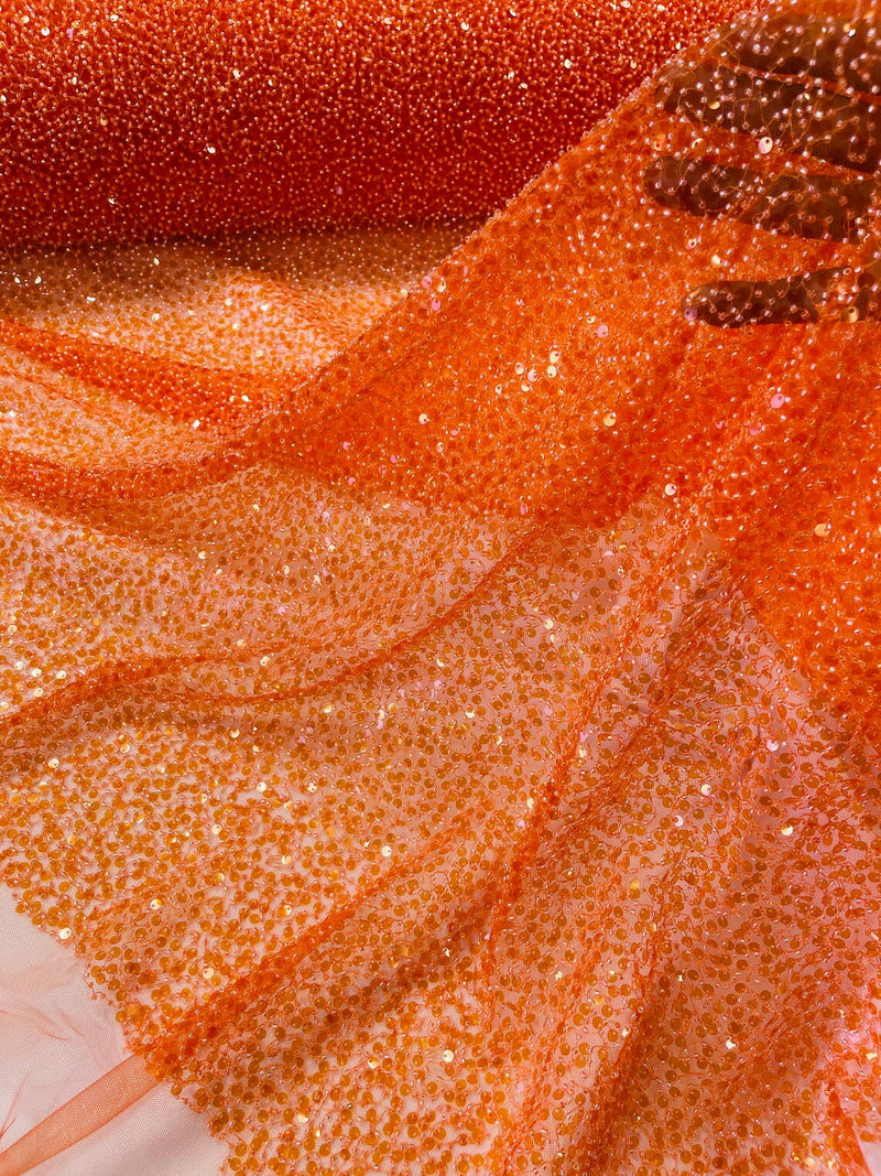 Beaded Sequins Pearl Fabric - Orange - Embroidered Pearl Beads and Sequins on Lace By Yard