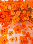3D Orquidia Floral Lace - Orange - Beautiful Orchid Flower Fabric on Mesh by Yard