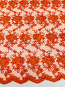 Jasmine Flower Fabric - Orange - Embroidered Floral Design Lace Mesh Bridal Fabric By Yard
