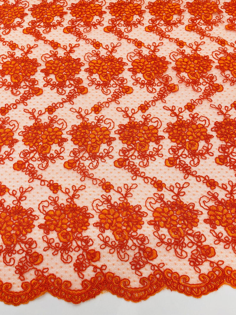 Jasmine Flower Fabric - Orange - Embroidered Floral Design Lace Mesh Bridal Fabric By Yard