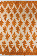 Metallic Floral Lace Fabric - Orange - Beautiful Floral Sequins on Lace Mesh Fabric By Yard