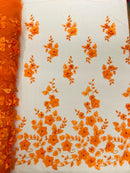 3D Orquidia Floral Lace - Orange - Beautiful Orchid Flower Fabric on Mesh by Yard