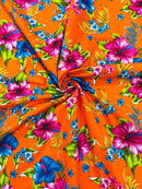 Hawaiian Floral Print Fabric - Orange - 45" Hibiscus Tropical Flower Cotton Fabric by Yard