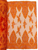 Beaded Floral Fabric - Orange - Luxury Bridal Floral Pattern Fabric With Beads, Sequins Sold By Yard