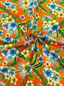 Hawaiian Floral Print Fabric - Orange - 45" Plumeria Tropical Flower Cotton Fabric by Yard