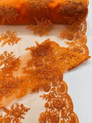Flower Lace Sequins Fabric - Orange - Embroidered Floral Pattern Fabric with Sequins on Lace By Yard
