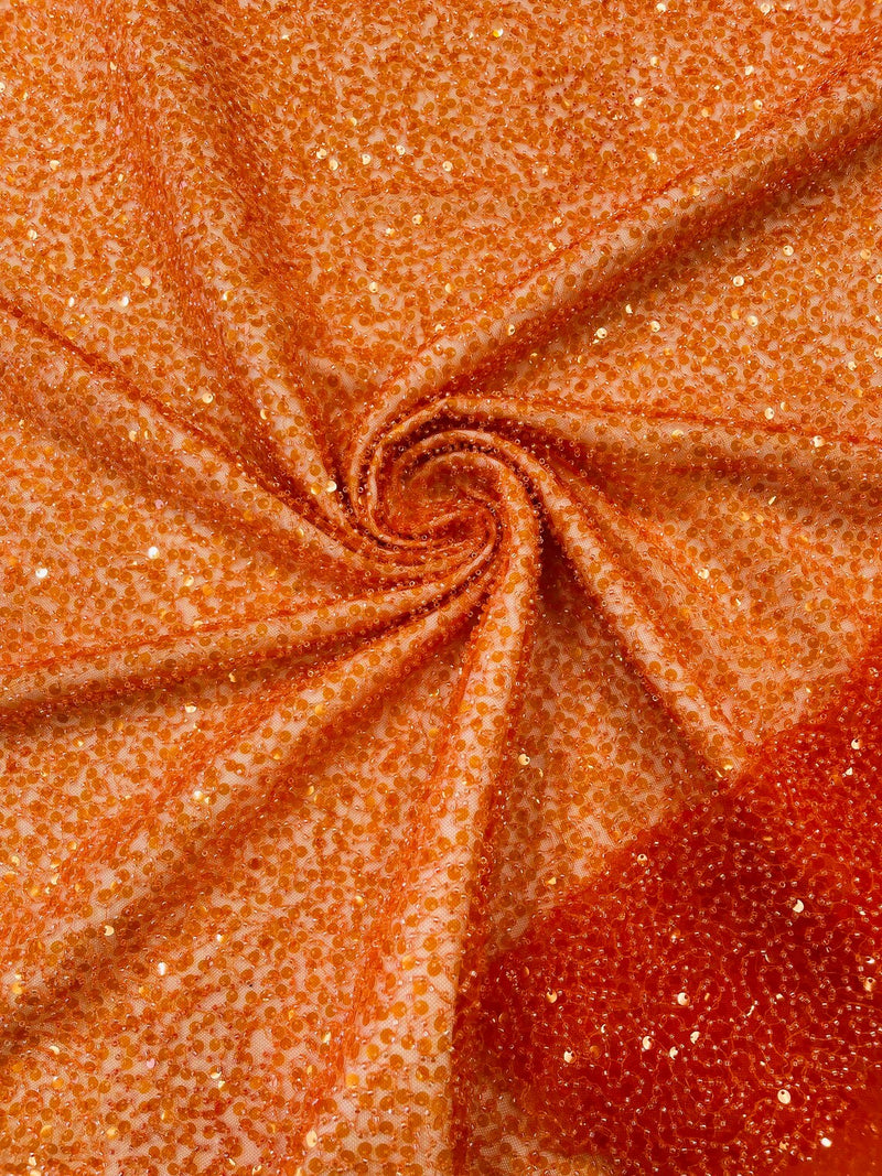 Beaded Sequins Pearl Fabric - Orange - Embroidered Pearl Beads and Sequins on Lace By Yard