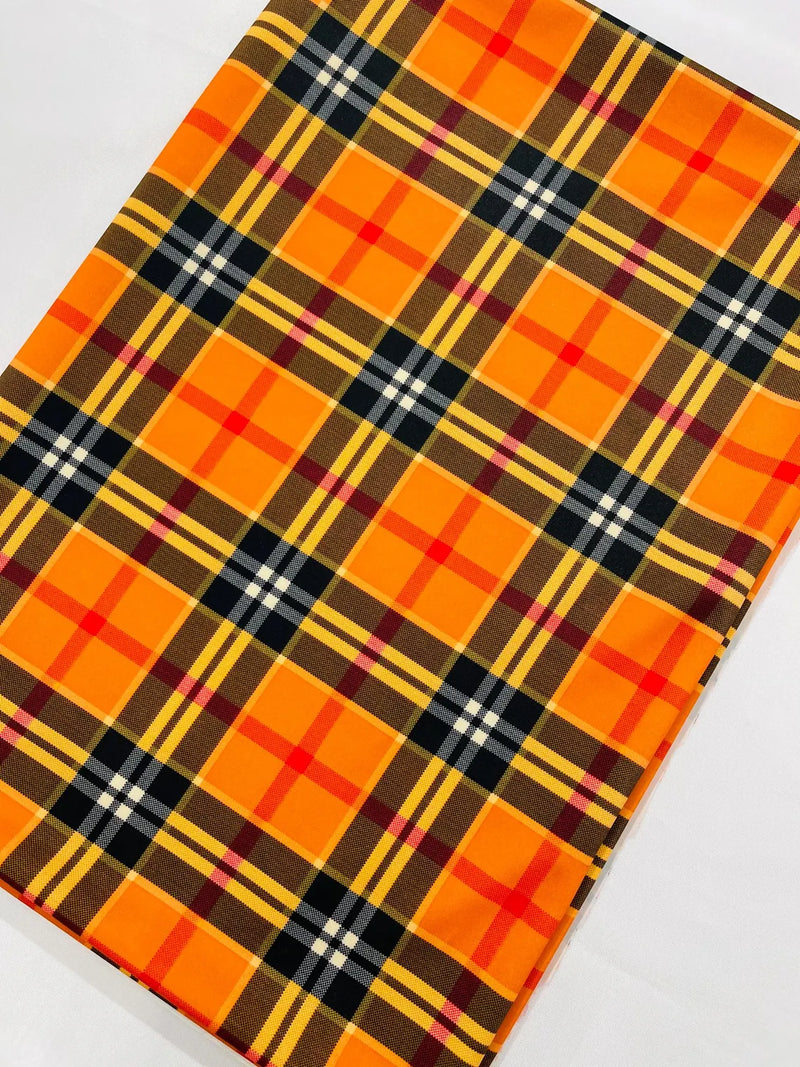 58-60" Plaid Print Milliskin Fabric - Orange - Spandex 4 Way Stretch Plaid Fabric Sold by Yard