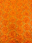 Sequins Satin Rosette Fabric - Orange - 3D Satin Rose Sequins Floral Fabric Sold By The Yard