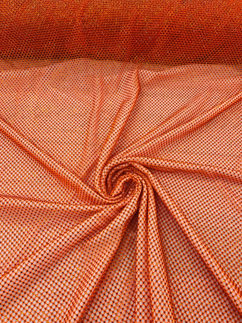 Fishnet Solid Rhinestones Fabric - Orange - Spandex Fabric Fish Net with Crystal Stones by Yard