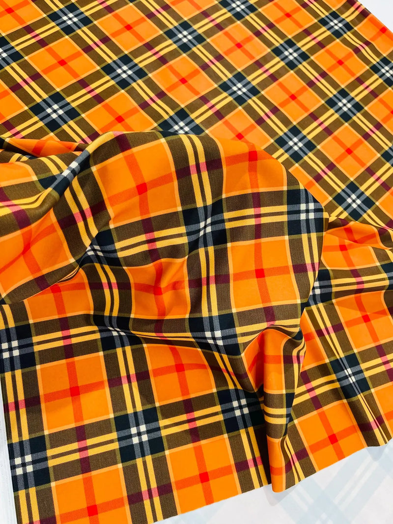 58-60" Plaid Print Milliskin Fabric - Orange - Spandex 4 Way Stretch Plaid Fabric Sold by Yard