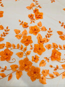 3D Orquidia Floral Lace - Orange - Beautiful Orchid Flower Fabric on Mesh by Yard