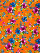 Hawaiian Floral Print Fabric - Orange - 45" Hibiscus Tropical Flower Cotton Fabric by Yard