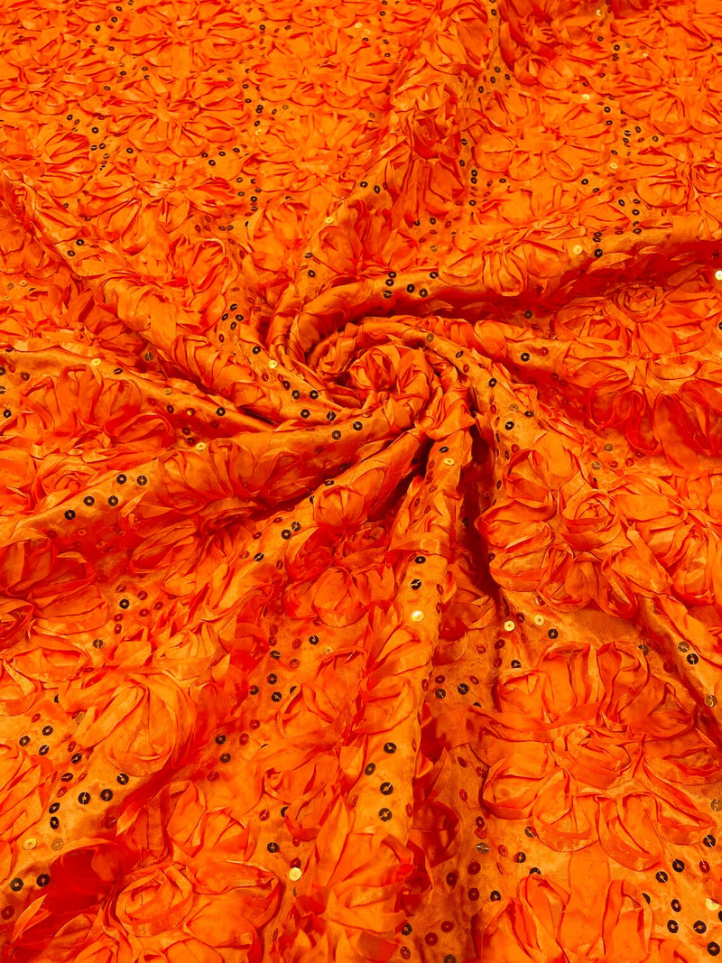 Sequins Satin Rosette Fabric - Orange - 3D Satin Rose Sequins Floral Fabric Sold By The Yard