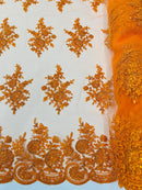 Flower Lace Sequins Fabric - Orange - Embroidered Floral Pattern Fabric with Sequins on Lace By Yard