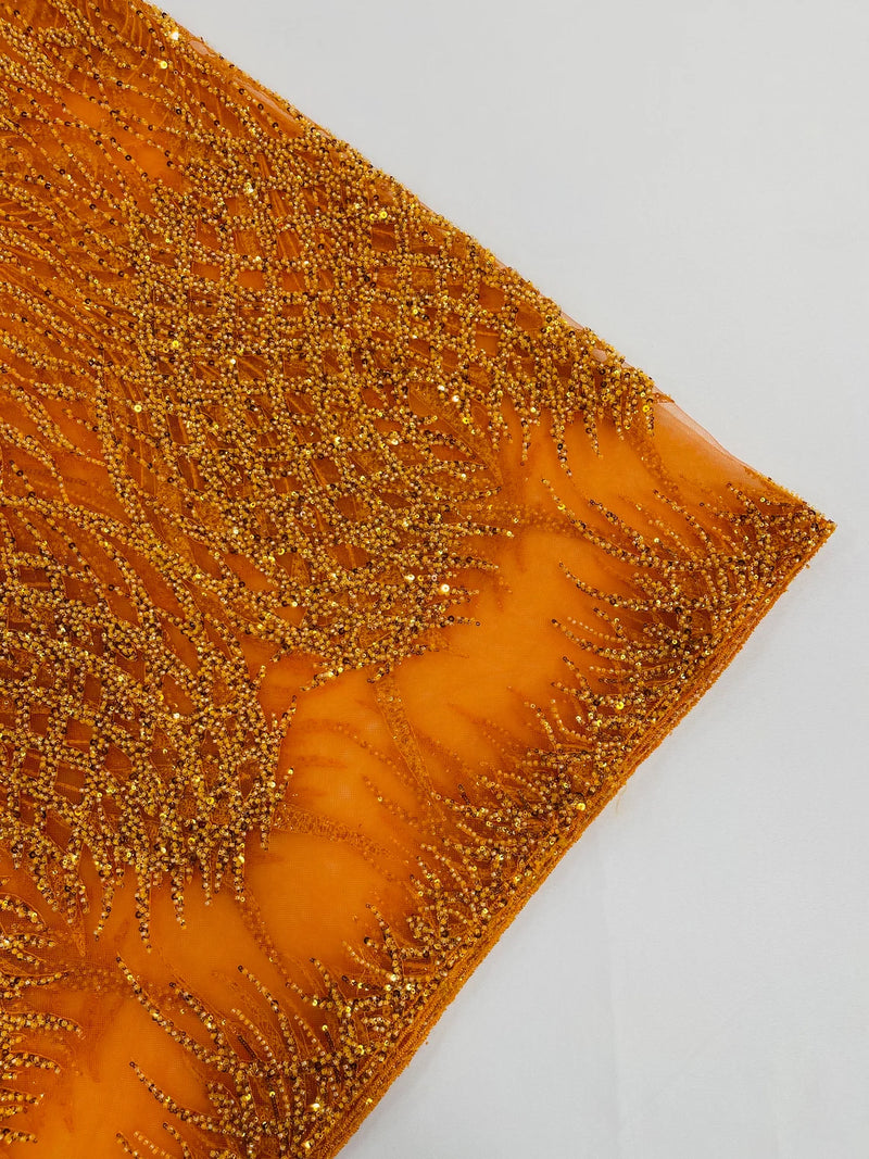 Beaded Embroidered Fabric - Orange - Embroidered Heart and Feather Pattern Fabric Sold By Yard