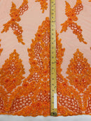 Beaded Floral Fabric - Orange - Luxury Bridal Floral Pattern Fabric With Beads, Sequins Sold By Yard