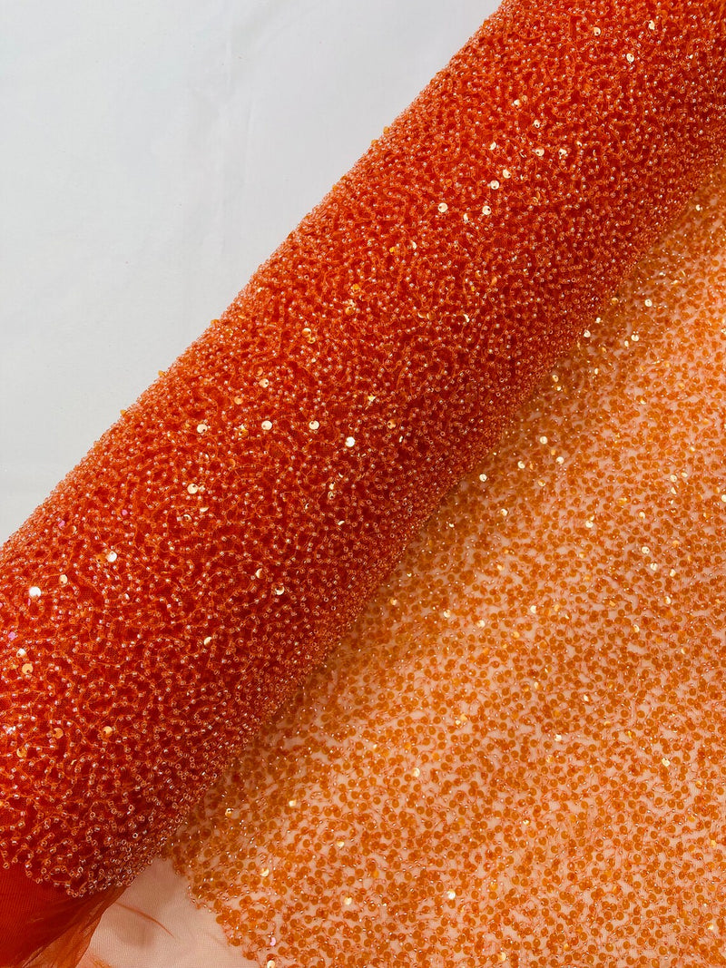 Beaded Sequins Pearl Fabric - Orange - Embroidered Pearl Beads and Sequins on Lace By Yard