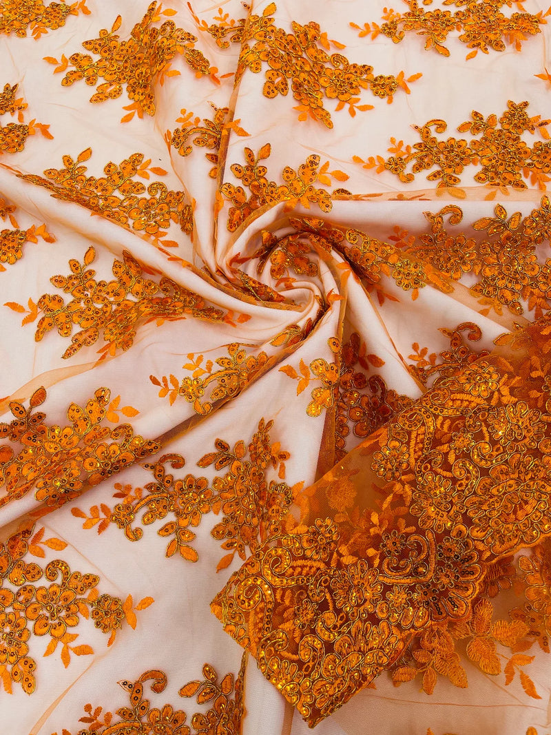 Metallic Floral Lace Fabric - Orange - Beautiful Floral Sequins on Lace Mesh Fabric By Yard