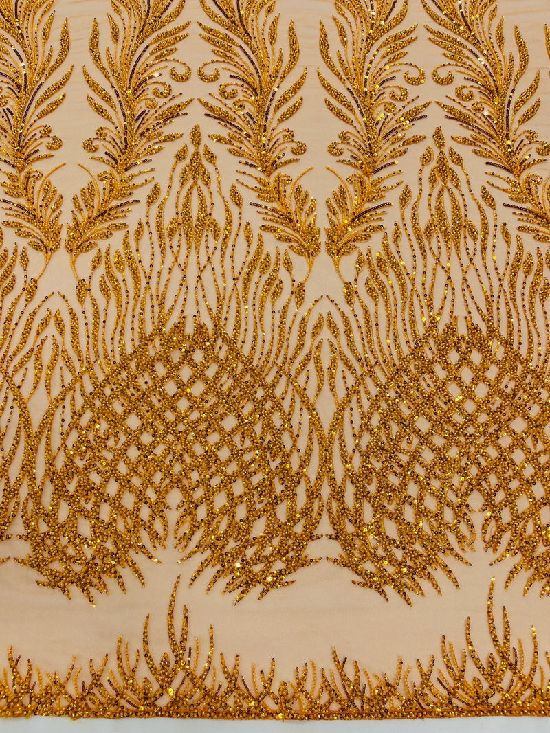 Beaded Embroidered Fabric - Orange - Embroidered Heart and Feather Pattern Fabric Sold By Yard