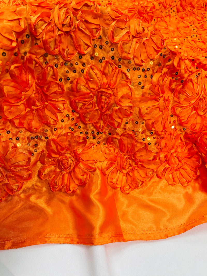 Sequins Satin Rosette Fabric - Orange - 3D Satin Rose Sequins Floral Fabric Sold By The Yard