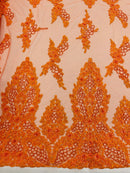 Beaded Floral Fabric - Orange - Luxury Bridal Floral Pattern Fabric With Beads, Sequins Sold By Yard