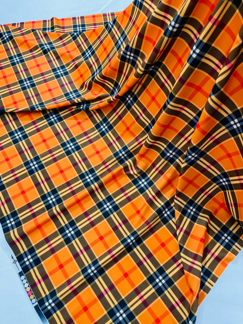 58-60" Plaid Print Milliskin Fabric - Orange - Spandex 4 Way Stretch Plaid Fabric Sold by Yard