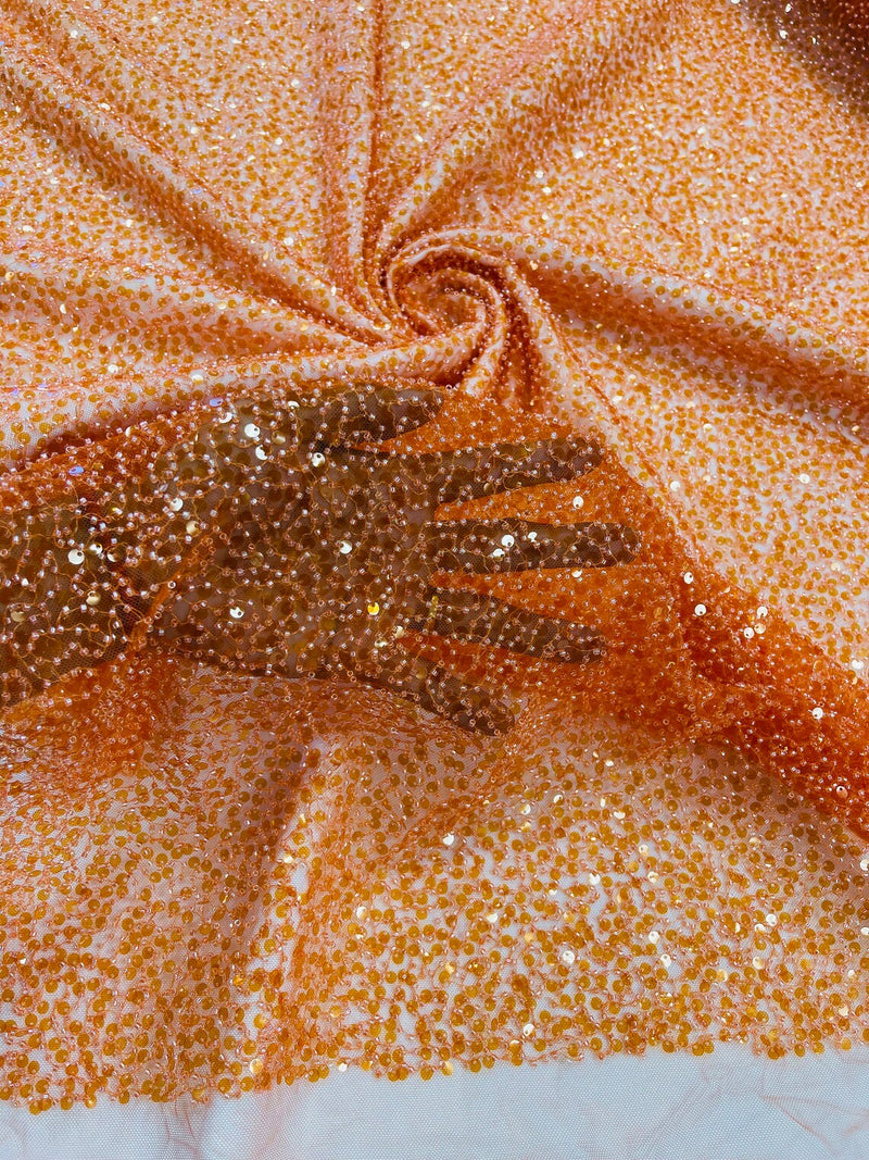 Beaded Sequins Pearl Fabric - Orange - Embroidered Pearl Beads and Sequins on Lace By Yard