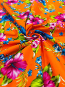 Hawaiian Floral Print Fabric - Orange - 45" Hibiscus Tropical Flower Cotton Fabric by Yard