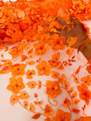 3D Orquidia Floral Lace - Orange - Beautiful Orchid Flower Fabric on Mesh by Yard