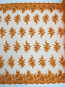 Flower Lace Sequins Fabric - Orange - Embroidered Floral Pattern Fabric with Sequins on Lace By Yard