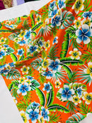 Hawaiian Floral Print Fabric - Orange - 45" Plumeria Tropical Flower Cotton Fabric by Yard
