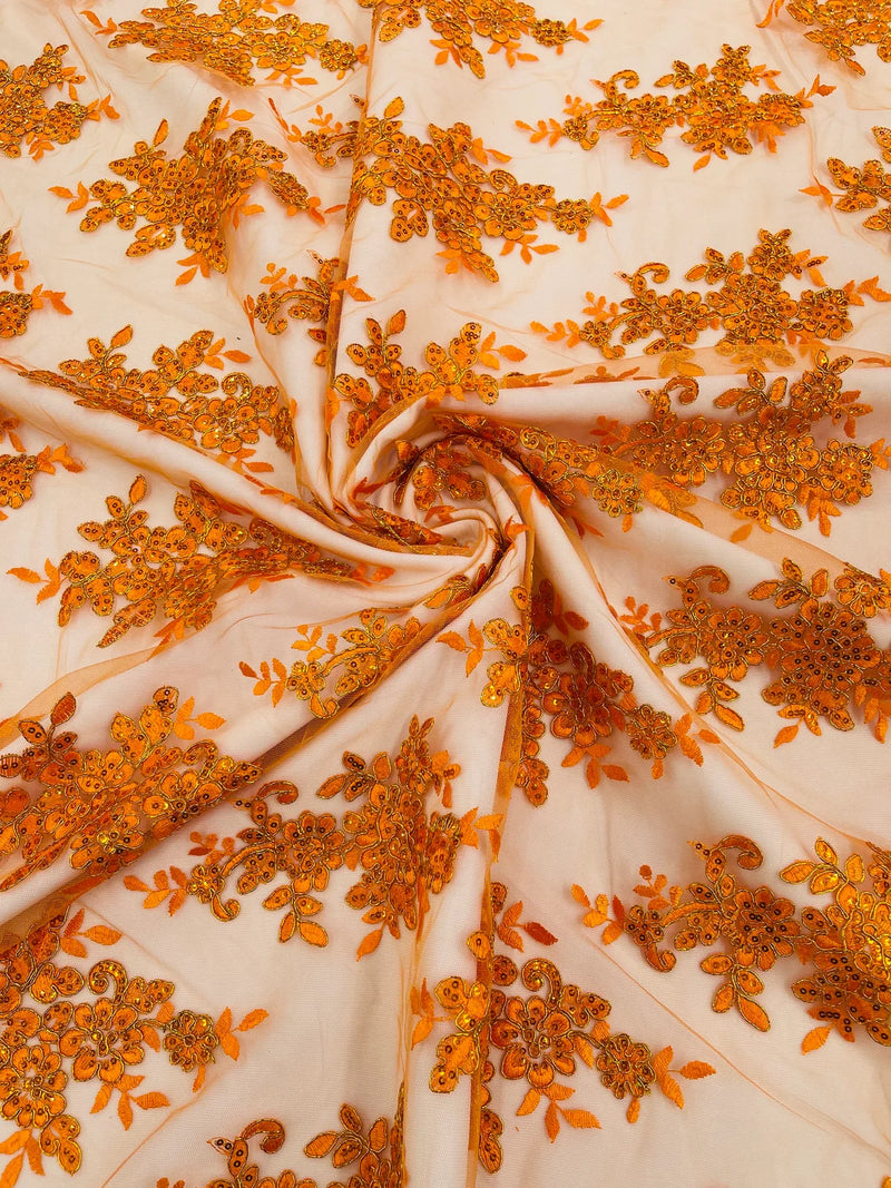 Metallic Floral Lace Fabric - Orange - Beautiful Floral Sequins on Lace Mesh Fabric By Yard