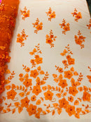 3D Orquidia Floral Lace - Orange - Beautiful Orchid Flower Fabric on Mesh by Yard
